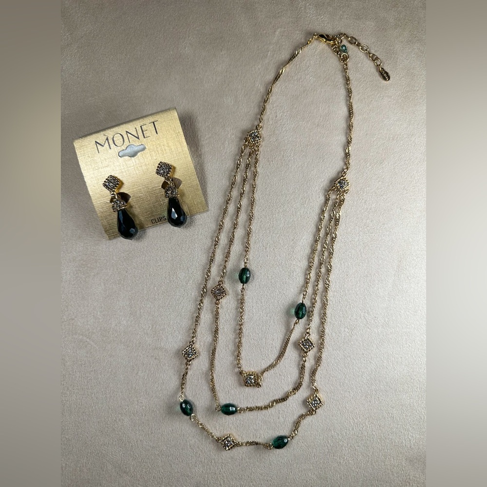 Vintage Monet Gold Layered Necklace Clip On Earrings Teal Bead Gemstone Jewelry
